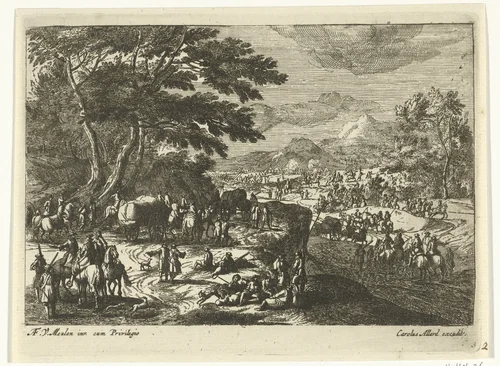 Landschap met soldaten by anonymous, print, 1673-1709