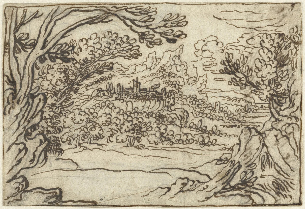 Landschap met vergezicht naar een vestingstadje op een bergplateau by Cigoli, drawing, 1569-1613