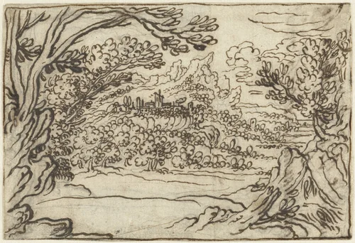 Landschap met vergezicht naar een vestingstadje op een bergplateau by Cigoli, drawing, 1569-1613