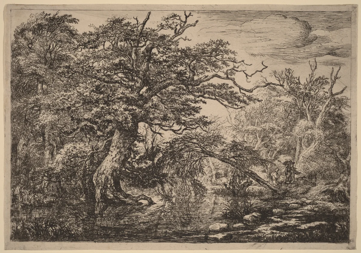 A Forest Marsh with Travelers on a Bank (The Travelers) by Jacob van Ruisdael, print, 1628-1682