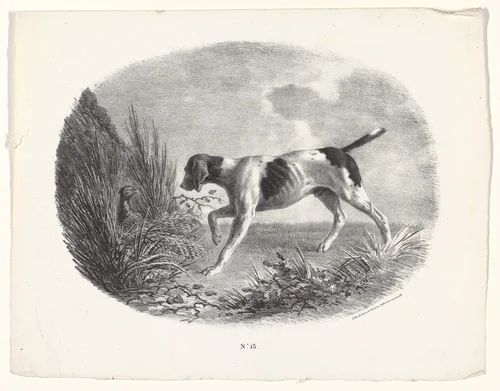 Jachthond en fazant by Carle Vernet, print, 1831-1836