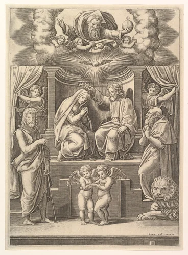 The coronation of the Virgin, God the Father above, St Jerome lower right and St John the Baptist lower left by Master of the Die, print, 1530-1560