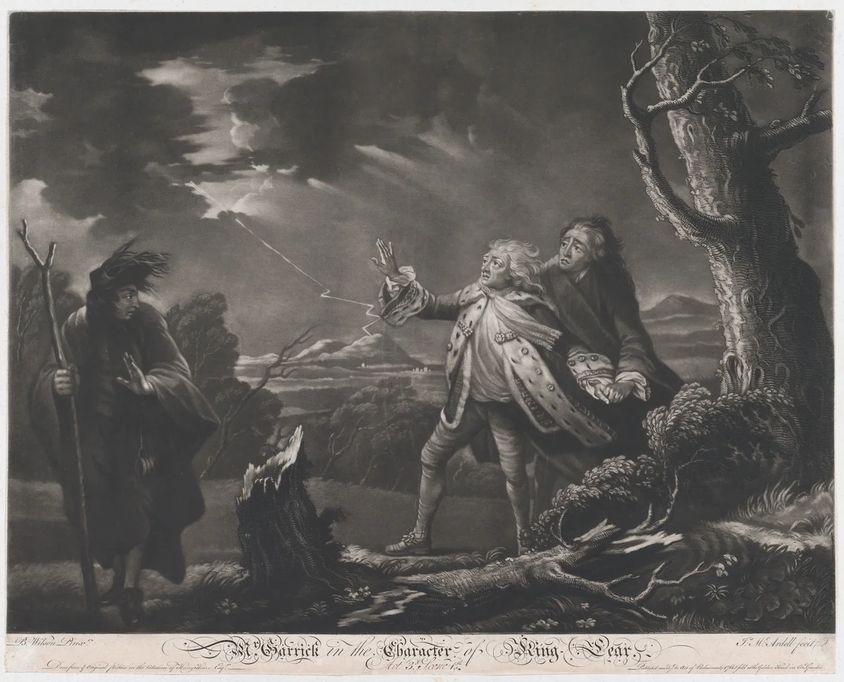 Mr. Garrick in the Character of King Lear (Shakespeare, King Lear, Act 3, Scene 1) by James McArdell, print, 1761