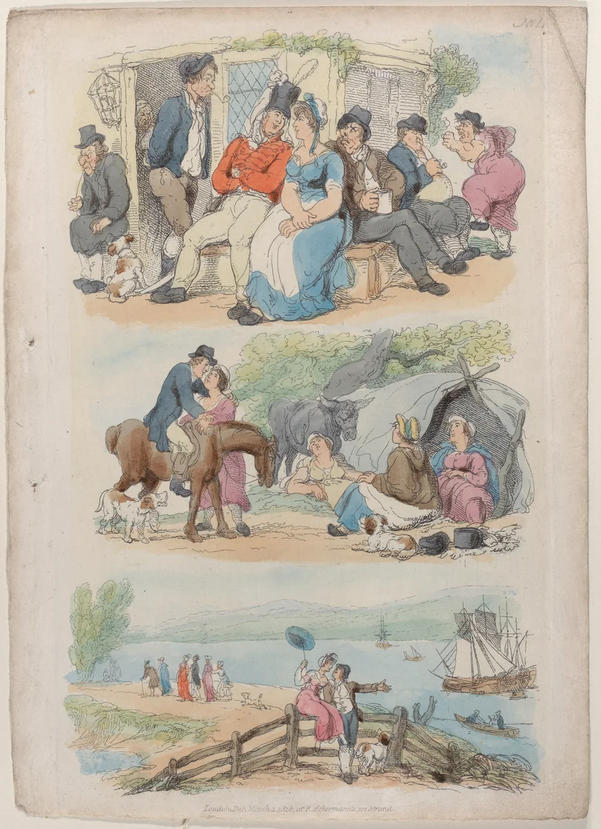 Plate 4: Recruiting, from "World in Miniature" by Thomas Rowlandson, print, 1816