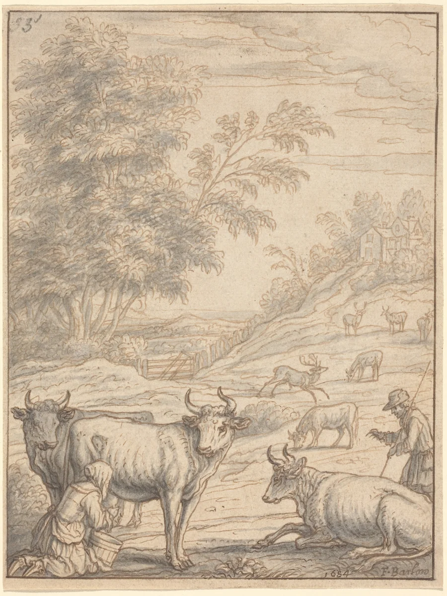 A Meadow with Cattle and Deer by Francis Barlow, drawing, 1684