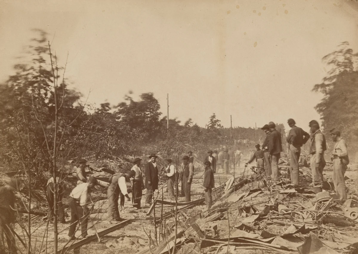 Union Army Re-laying Tracks Torn Up by Confederates in Civil War by Egbert Guy Fowx, photograph, 1862
