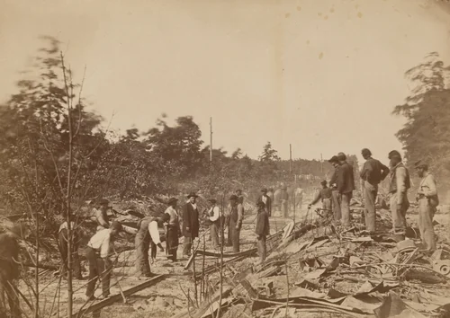 Union Army Re-laying Tracks Torn Up by Confederates in Civil War by Egbert Guy Fowx, photograph, 1862