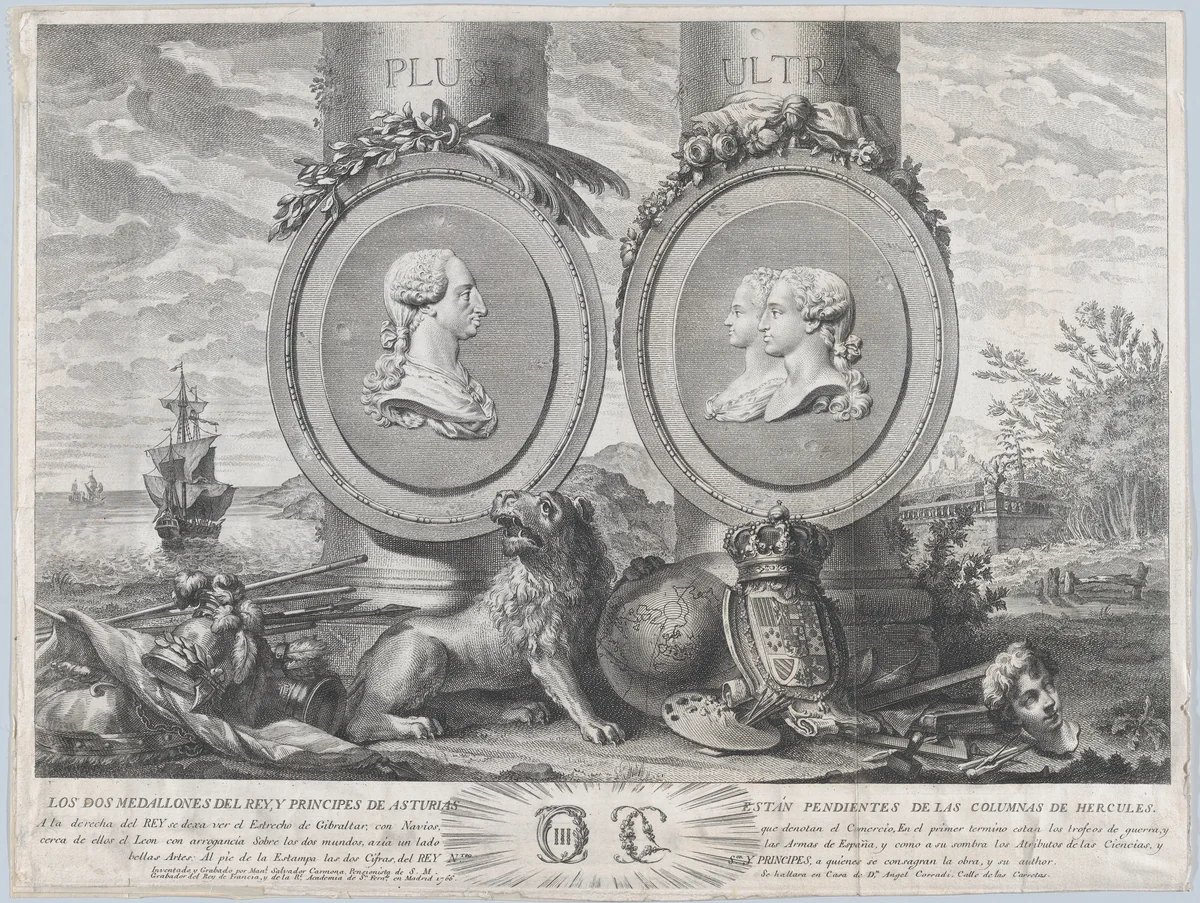 Two bust portraits of Carlos III at left and Carlos IV and Maria Louisa at right in roundels fixed to the columns of Hercules set within a landscape by Manuel Salvador Carmona, print, 1766