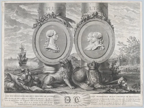 Two bust portraits of Carlos III at left and Carlos IV and Maria Louisa at right in roundels fixed to the columns of Hercules set within a landscape by Manuel Salvador Carmona, print, 1766