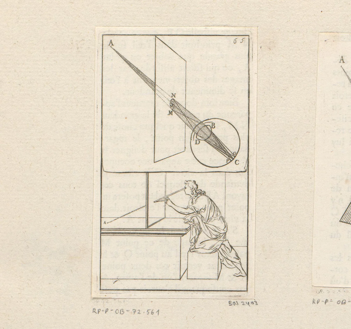 Man markeert op ruit het punt waar hij een object ziet door de ruit heen by Sébastien Leclerc, print, 1679