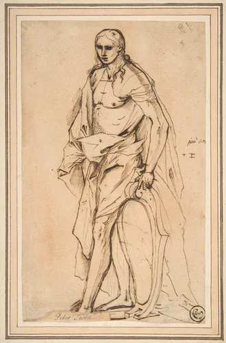 Standing Male Figure Supporting a Shield by Pietro Testa, drawing, 1612-1650