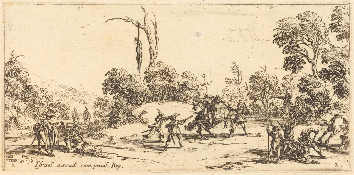 Attacking Travelers on the Highway by Jacques Callot, print, 1633