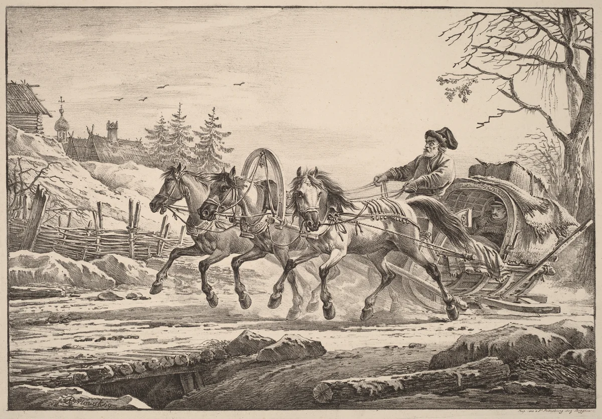 A Hired Coachman in Winter by Aleksandr Osipovich Orlovskii, print, 1820