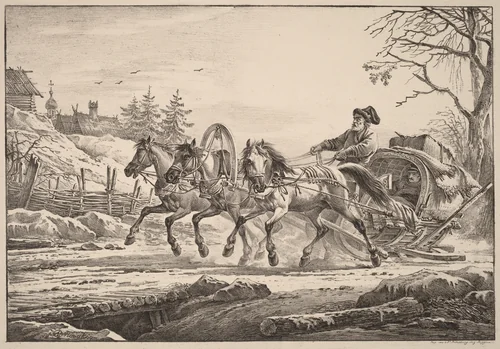 A Hired Coachman in Winter by Aleksandr Osipovich Orlovskii, print, 1820