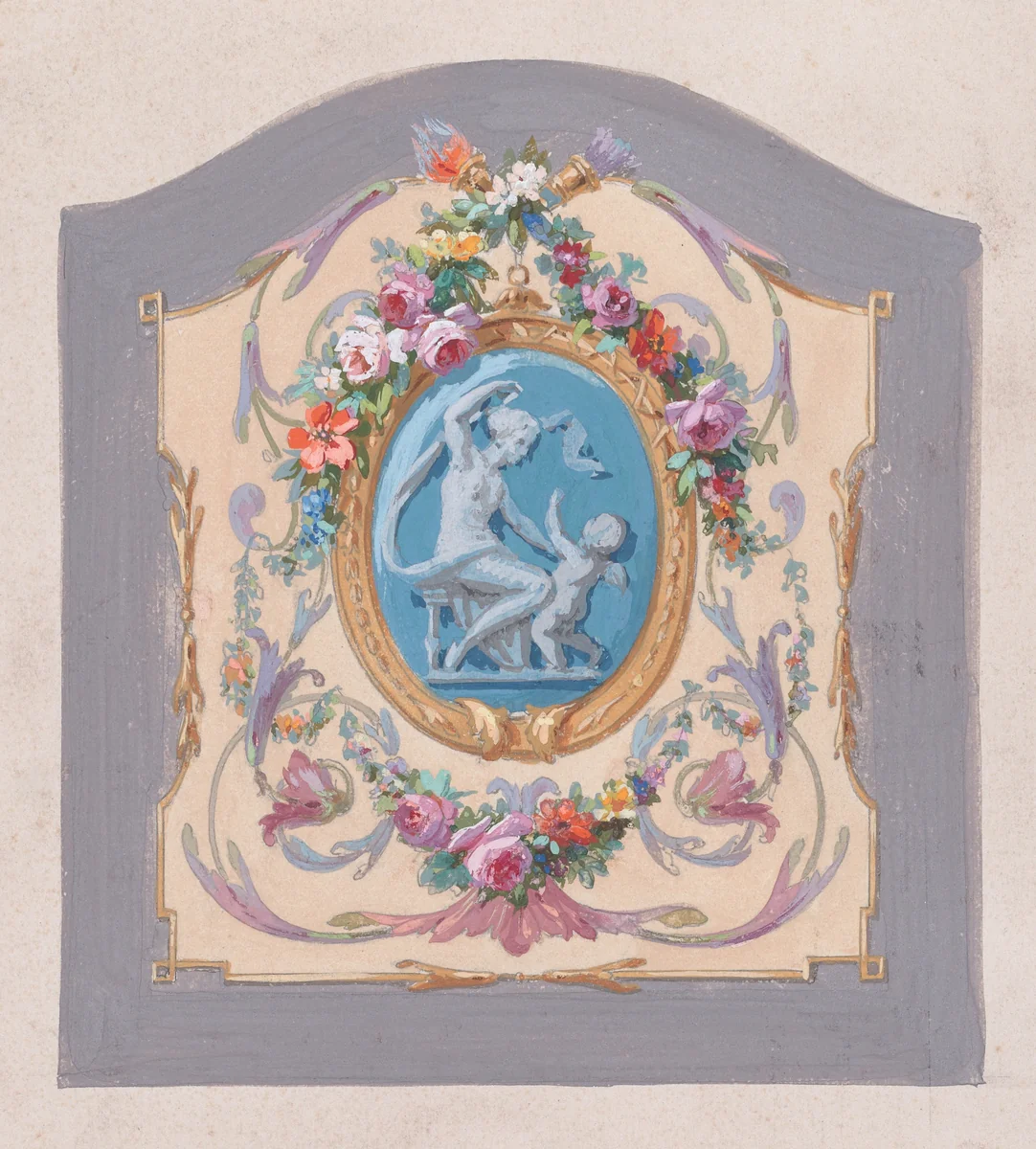 Design for a Chair Back Cover with an Oval-Shaped Ornamental Frame with a Kneeling Woman and a Playful Putto Surrounded by Garlands of Leaves and Flowers and Scrolling Acanthus Leaves Inside a Larger Ornamental Frame by anonymous, drawing, 1870-1900
