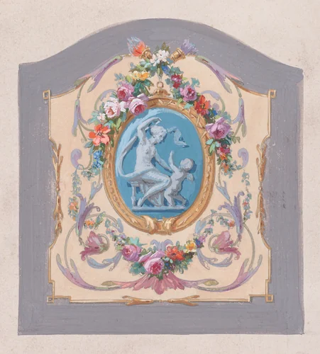 Design for a Chair Back Cover with an Oval-Shaped Ornamental Frame with a Kneeling Woman and a Playful Putto Surrounded by Garlands of Leaves and Flowers and Scrolling Acanthus Leaves Inside a Larger Ornamental Frame by anonymous, drawing, 1870-1900