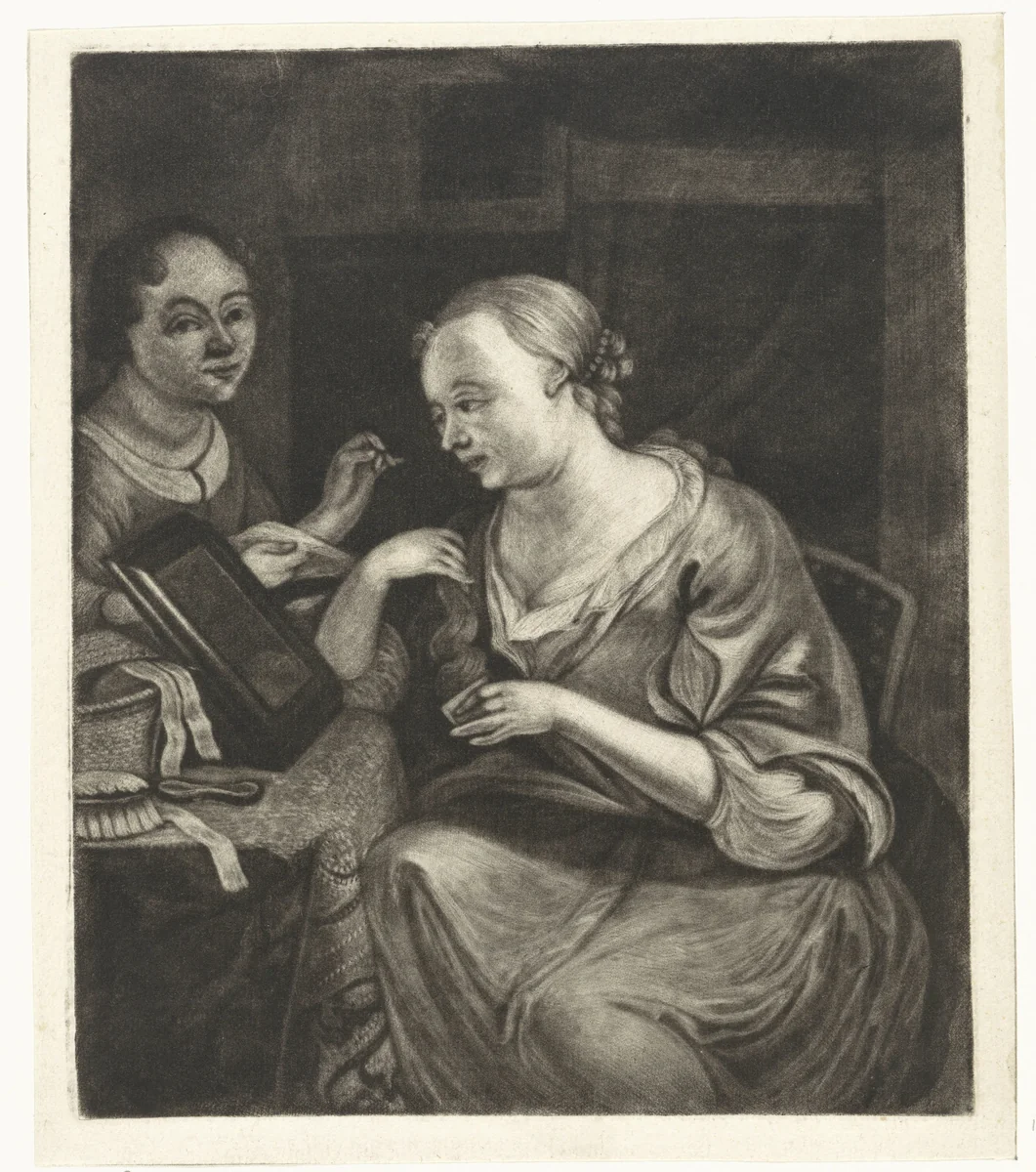 Twee vrouwen bij een spiegel by Jacob Hoolaart, print, 1723-1789