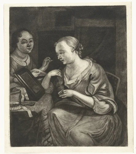 Twee vrouwen bij een spiegel by Jacob Hoolaart, print, 1723-1789