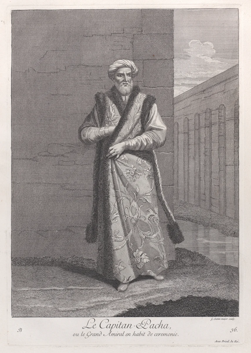 Le Capitan-Pacha, ou le Grand Amiral en habit de ceremonie, plate 36 from "Recueil de cent estampes représentent differentes nations du Levant" by Jean Baptiste Vanmour, print, 1714-1715