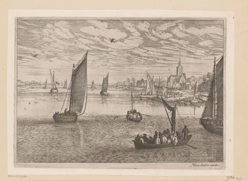 Riviergezicht met boten, rechts een kerk by Isaak Major, print, 1586-1630