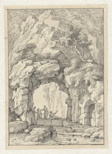 Klein landschap met figuren onder een rotsboog by Joannes de Bosch, drawing, 1775