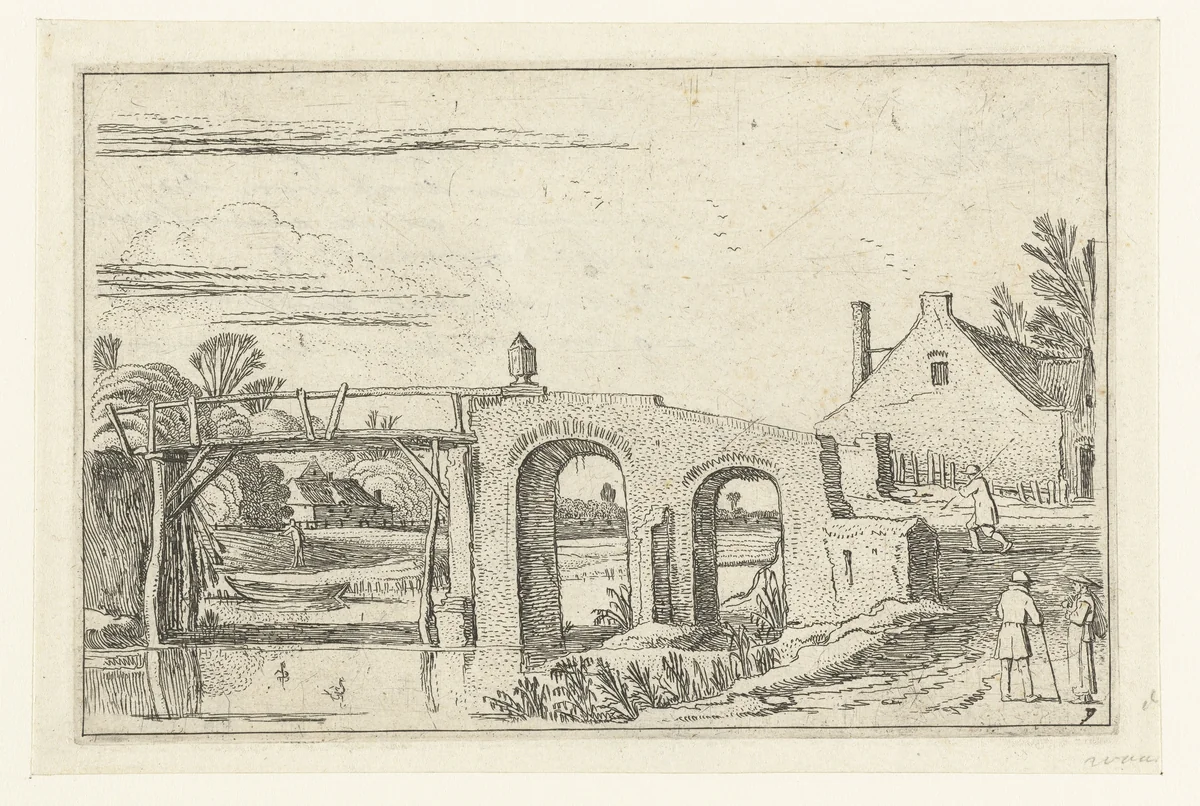 Landschap met pad over een brug van steen en hout by Esaias van de Velde, print, 1614