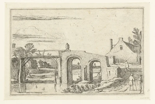 Landschap met pad over een brug van steen en hout by Esaias van de Velde, print, 1614