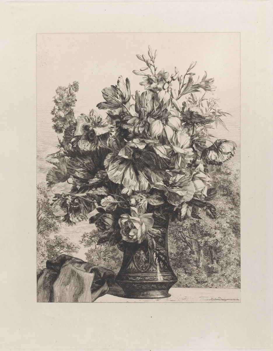 Vase of Flowers by Jules Ferdinand Jacquemart, print, 1862