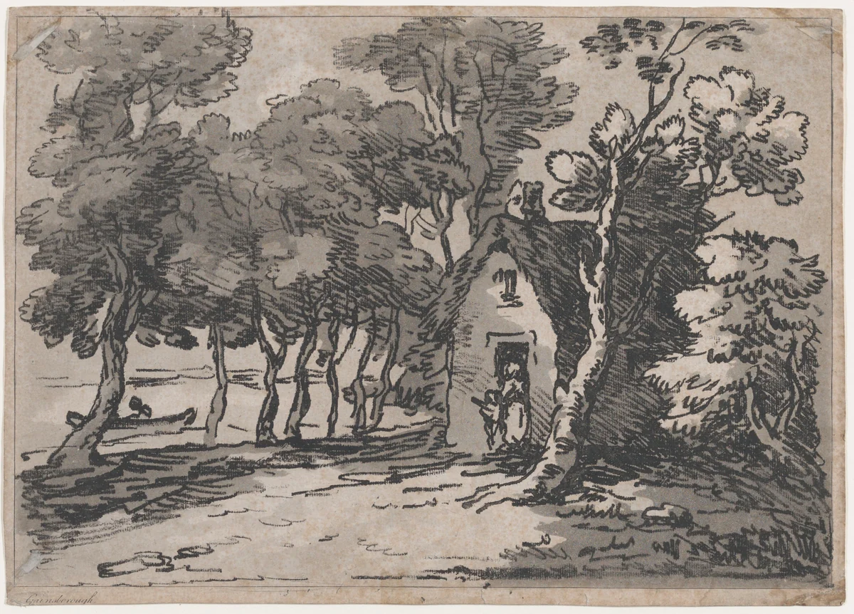 Wooded Scene With Figures at the Door of a Cottage by Thomas Rowlandson, print, 1783-1788