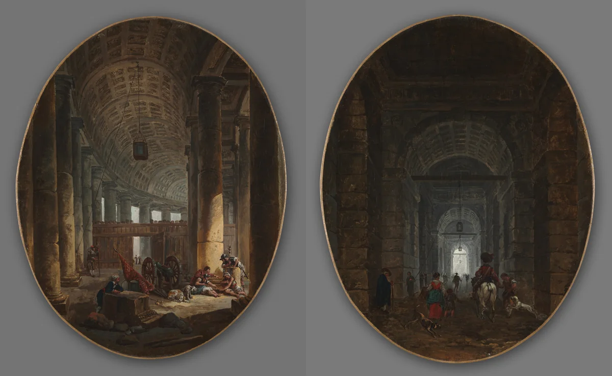 Pair of Paintings: The Colonnade of St. Peter's, Rome, during the Conclave and The Grotto of Posillipo by Hubert Robert, painting, 1764-1774