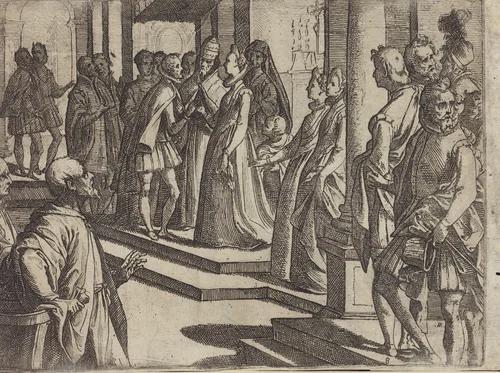 The Betrothal of Margaret of Austria to Philip III, King of Spain [verso] by Raffaello Schiaminossi, print, 1612