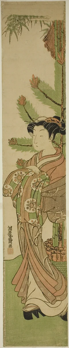 Courtesan in Front of New Year's Decoration of Pine and Bamboo by Isoda Koryusai, print, 1770-1774