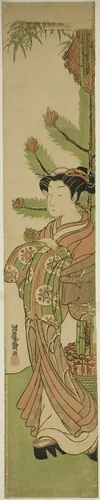 Courtesan in Front of New Year's Decoration of Pine and Bamboo by Isoda Koryusai, print, 1770-1774