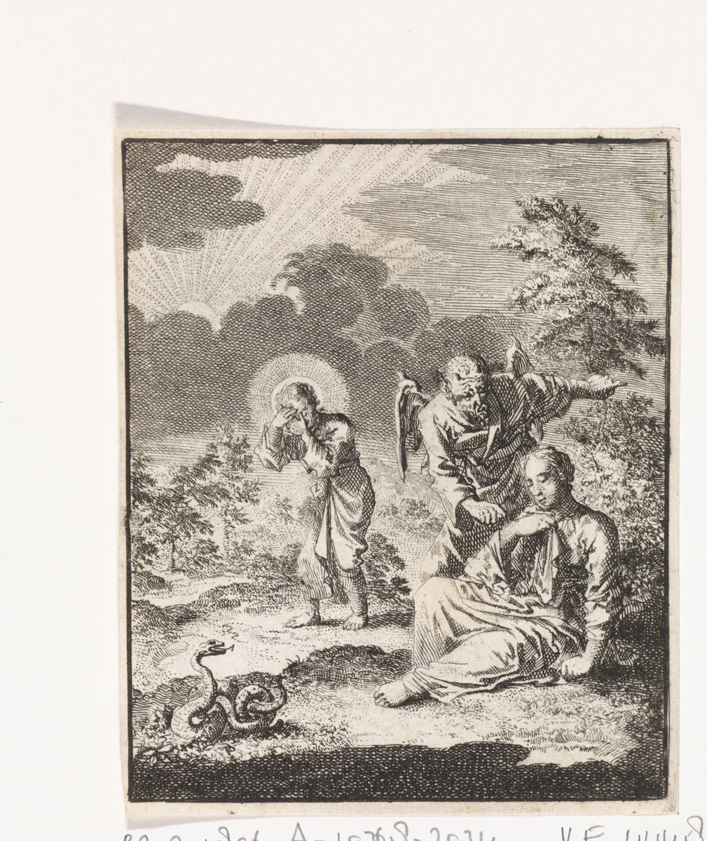 Duivel draagt de gepersonifieerde ziel op om Christus te verlaten by Jan Luyken, print, 1714