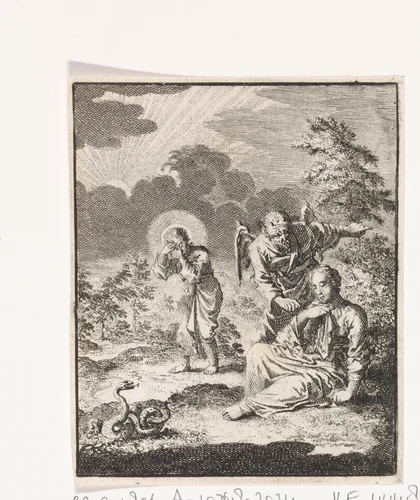 Duivel draagt de gepersonifieerde ziel op om Christus te verlaten by Jan Luyken, print, 1714