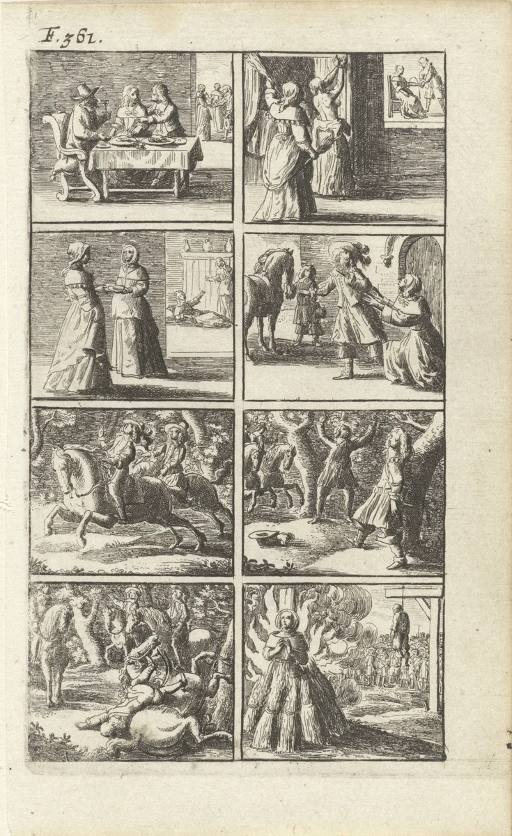 Verhaal met voorstellingen van moord en doodstraf (F. 361.) by Abraham Dircksz. Santvoort, print, 1667