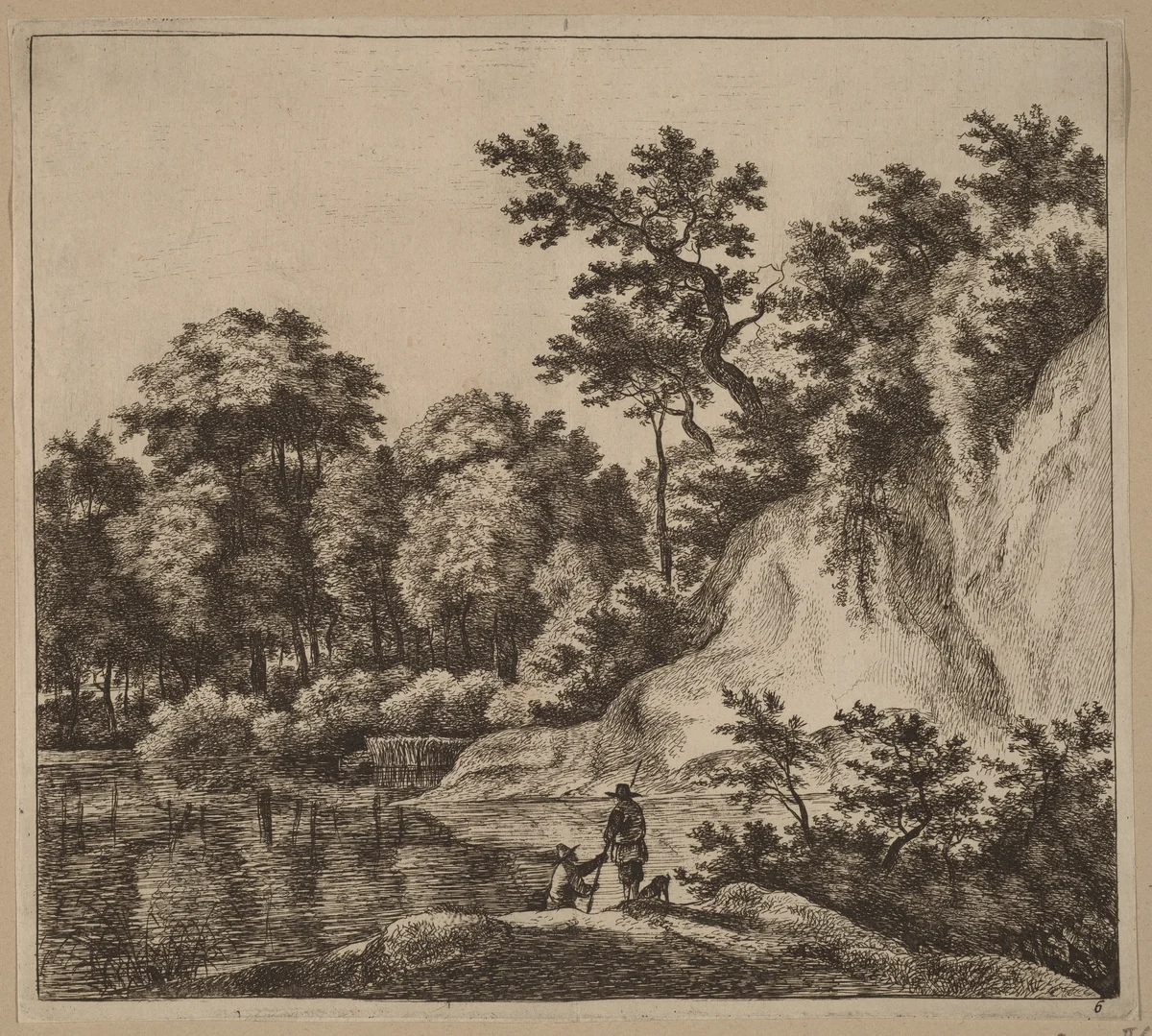 Landscape with River and Rock by Jan Hackaert, print, 1628-1699