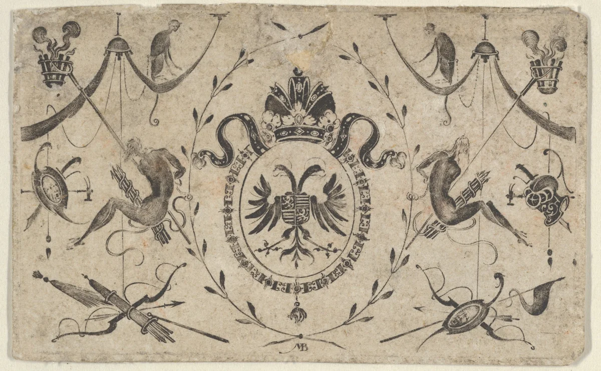 Blackwork Design for Goldsmithwork with the Coat of Arms of a Bishop by Mathais Beitler, print, 1615