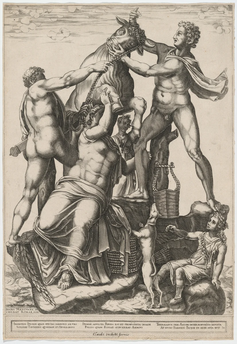 Amphion and Zethus Tying Dirce to a Wild Bull by Diana Scultori, print, 1581
