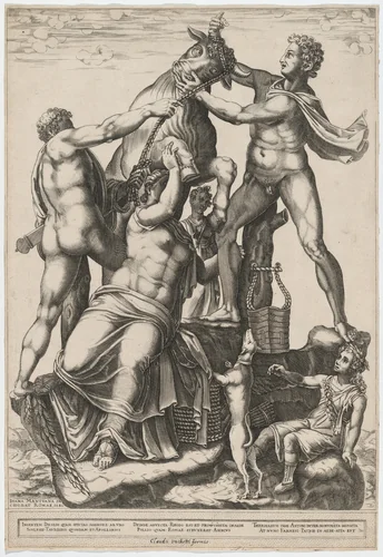 Amphion and Zethus Tying Dirce to a Wild Bull by Diana Scultori, print, 1581