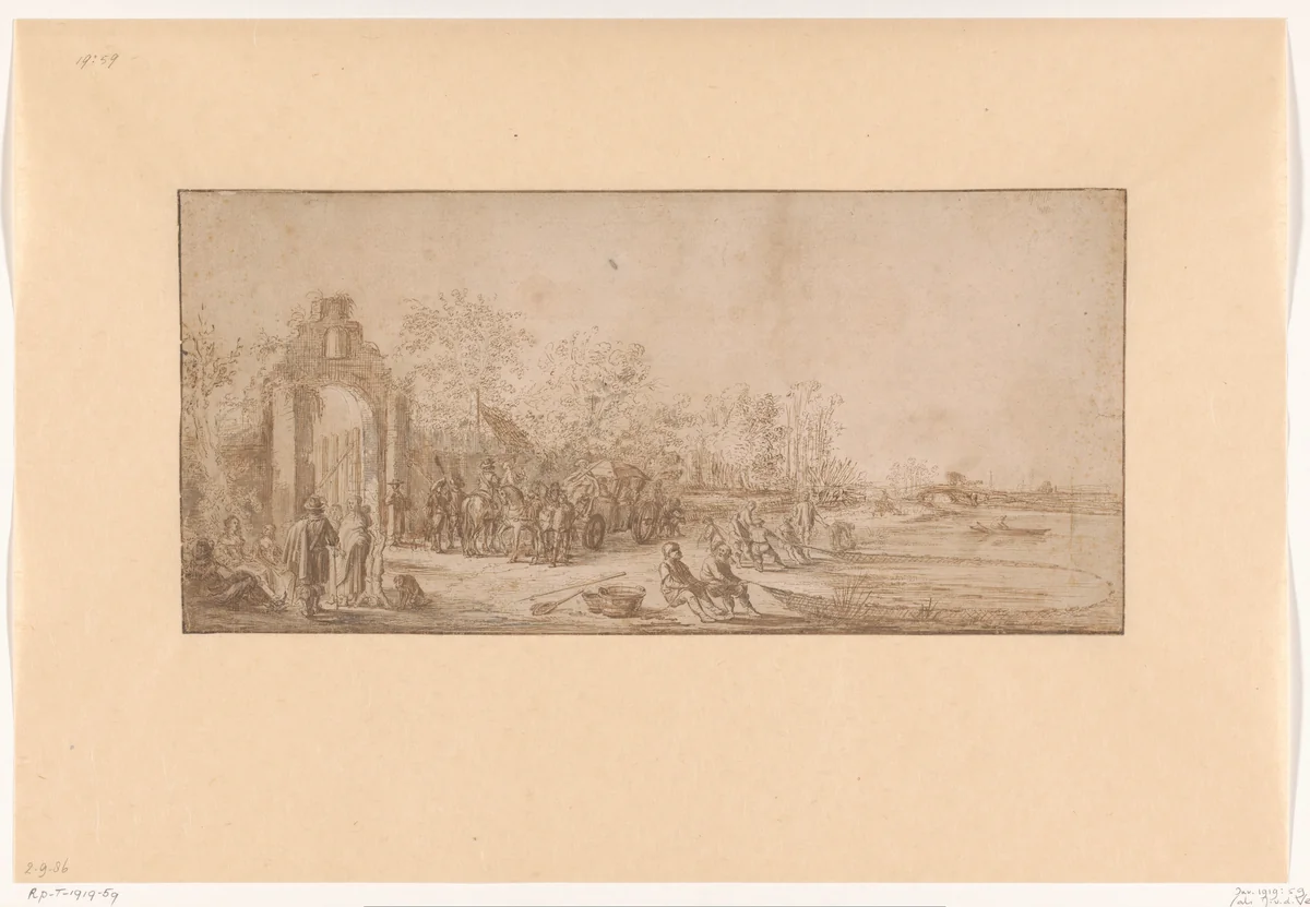 Landschap met reizigers en vissers by Nicolaes van Lijnhoven, drawing, 1620-1700
