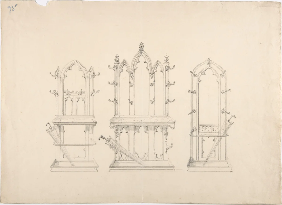 Design for Three Gothic Hat and Umbrella Stands by anonymous, drawing, 1800-1850