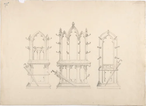 Design for Three Gothic Hat and Umbrella Stands by anonymous, drawing, 1800-1850