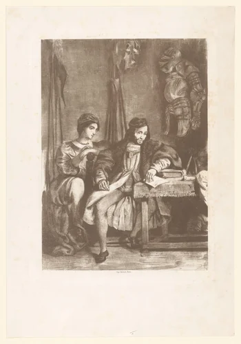 Götz von Berlichingen schrijft zijn herinneringen op by Eugène Delacroix, print, 1836-1843