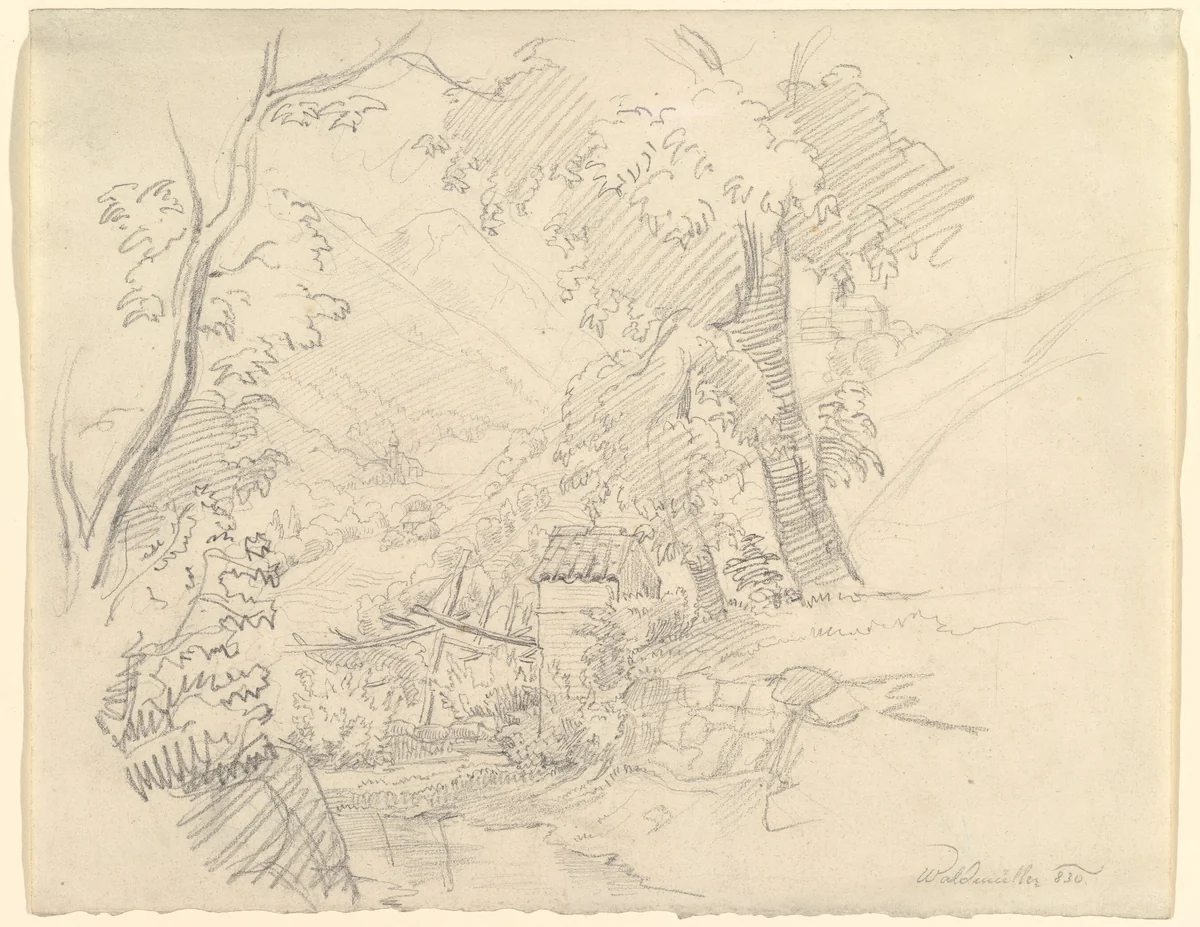 Landscape with a View in a Valley by Ferdinand Georg Waldmüller, drawing, 1830