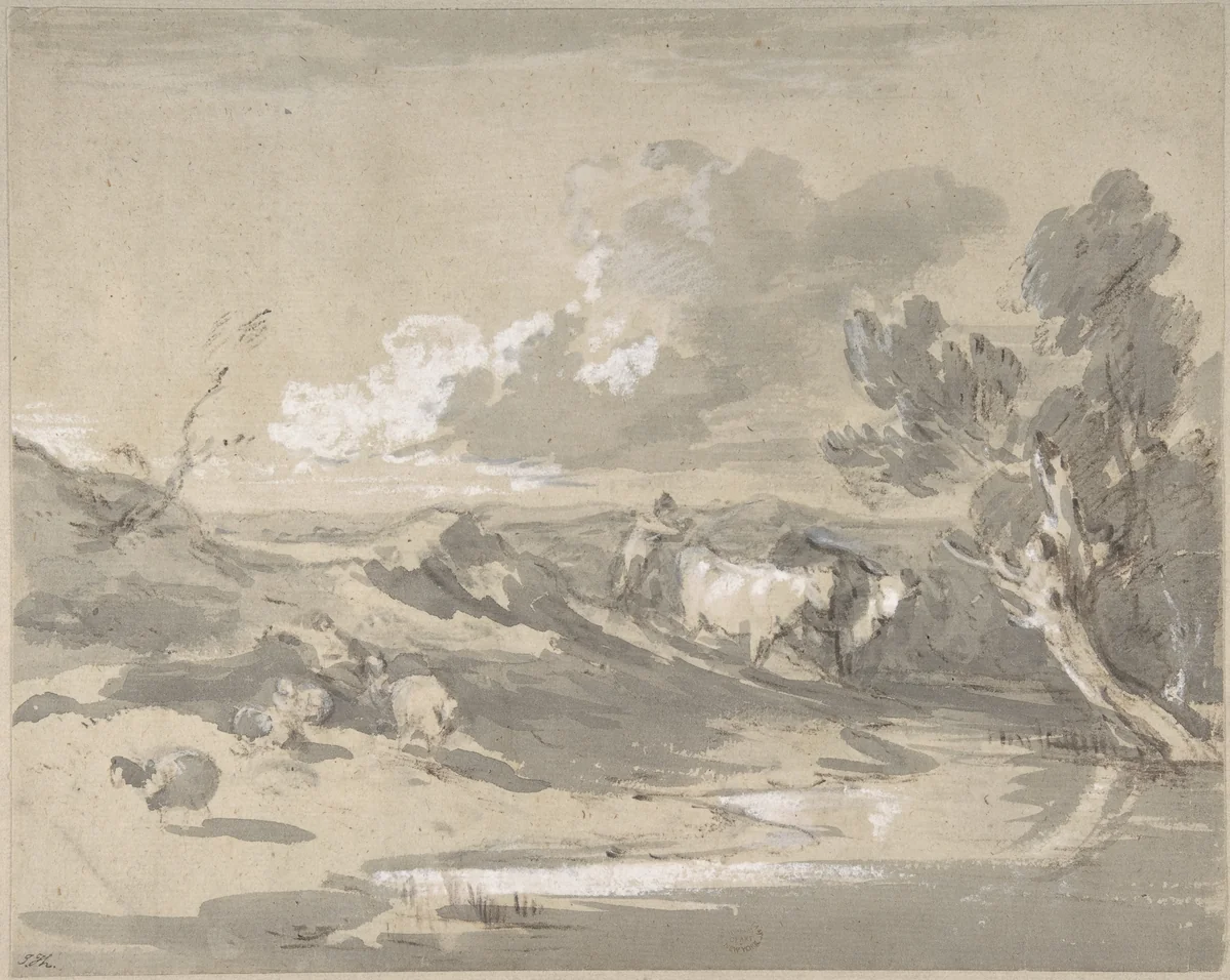 Open Landscape with Herdsman, Cows, and Sheep by Thomas Gainsborough, drawing, 1780-1790