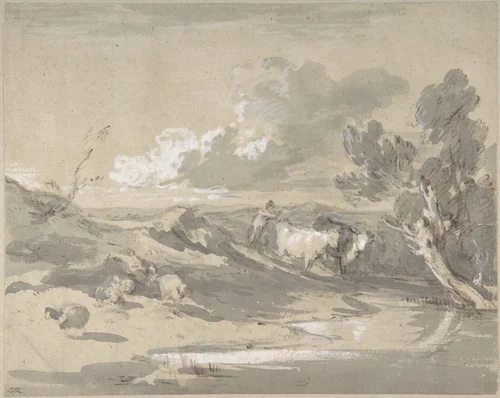 Open Landscape with Herdsman, Cows, and Sheep by Thomas Gainsborough, drawing, 1780-1790