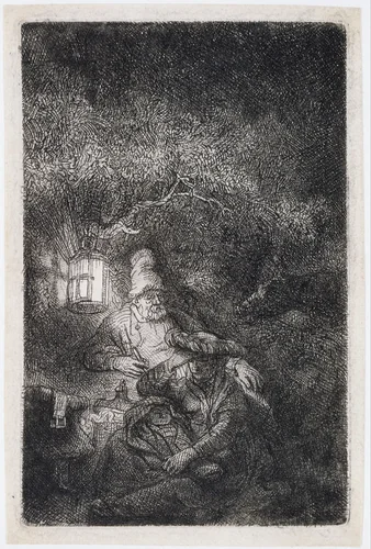 The rest on the flight into Egypt: a night piece by Rembrandt van Rijn, print, 1644