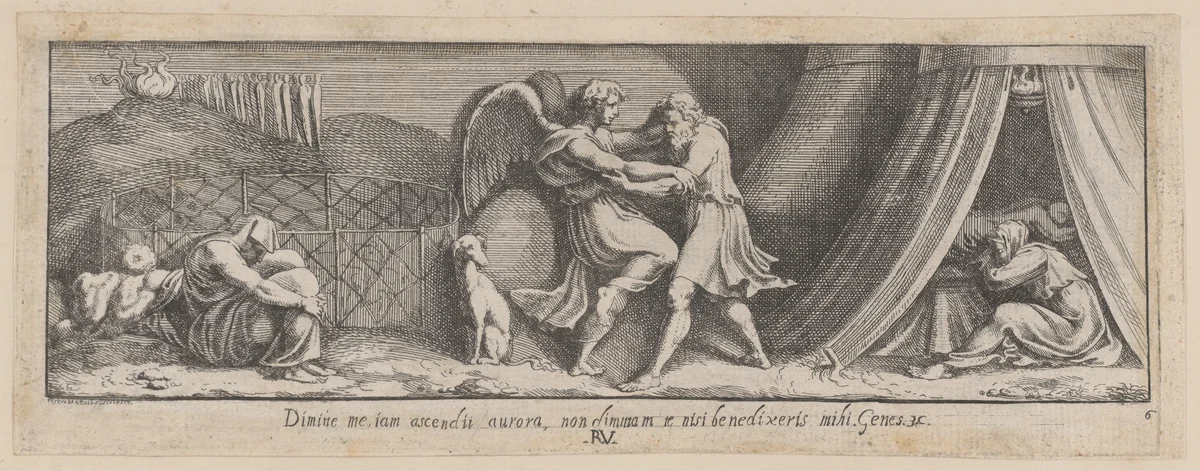 Plate 6: Jacob Wrestling with the Angel, from Genesis 32, after a lost fresco in the basamento of Bay 6 of the Vatican Loggia by Pietro Santi Bartoli, print, 1650-1677