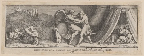 Plate 6: Jacob Wrestling with the Angel, from Genesis 32, after a lost fresco in the basamento of Bay 6 of the Vatican Loggia by Pietro Santi Bartoli, print, 1650-1677